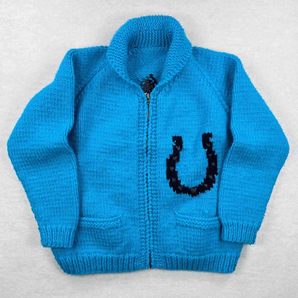 Vintage Cowichan Horse Intarsia Chunky Knit Zip Cardigan Turquoise Blue
